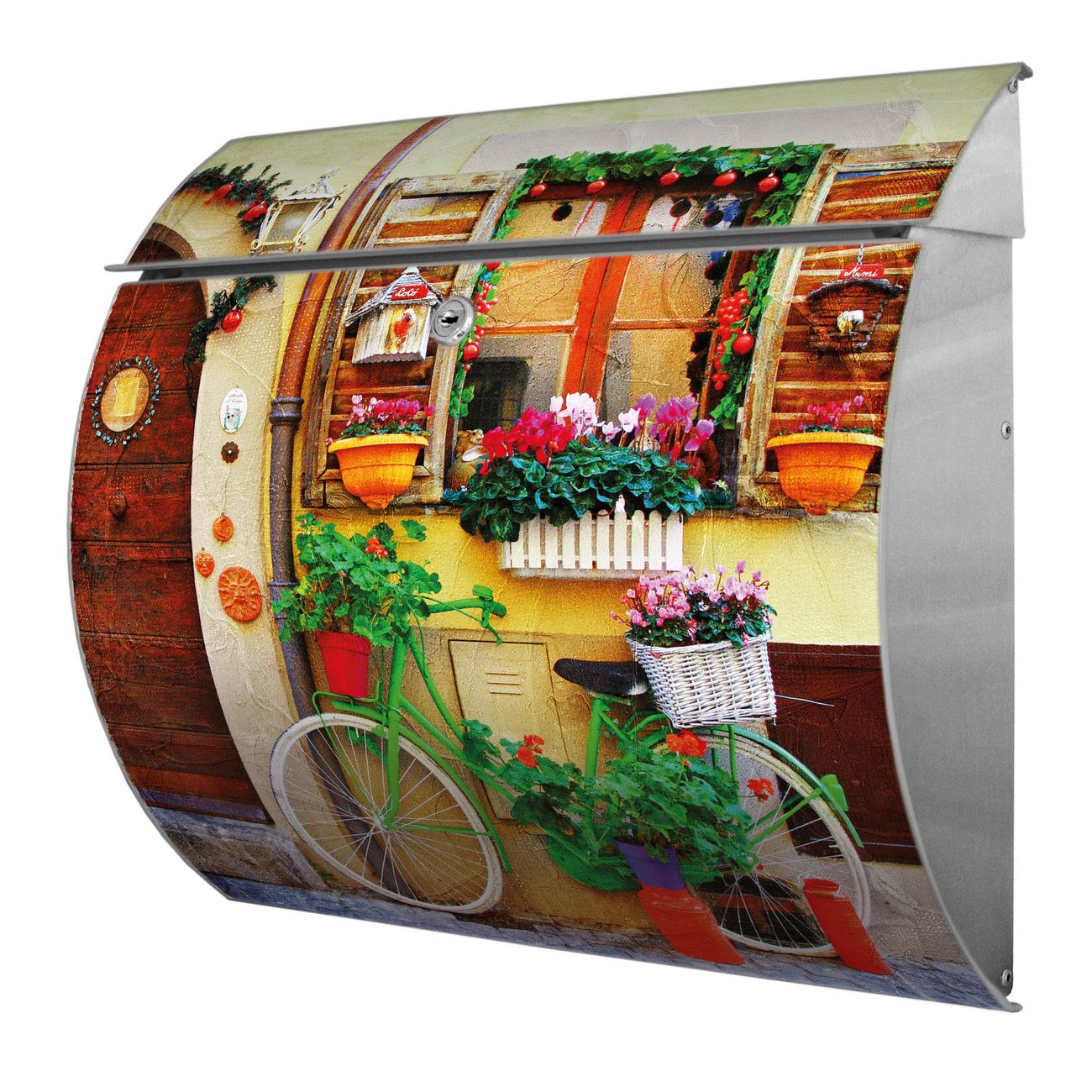 Burg-Wächter Toscana Briefkasten bunt mit Motiv Grünes Fahrrad 38x33x11cm - Stahl und Edelstahl, 2 Schlüssel, mit personalisierung Edelstahl