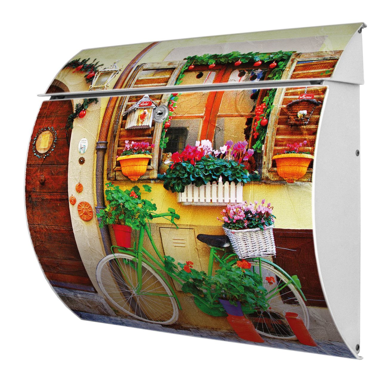 Burg-Wächter Toscana Briefkasten bunt mit Motiv Grünes Fahrrad 38x33x11cm - Stahl und Edelstahl, 2 Schlüssel, mit personalisierung Weiß