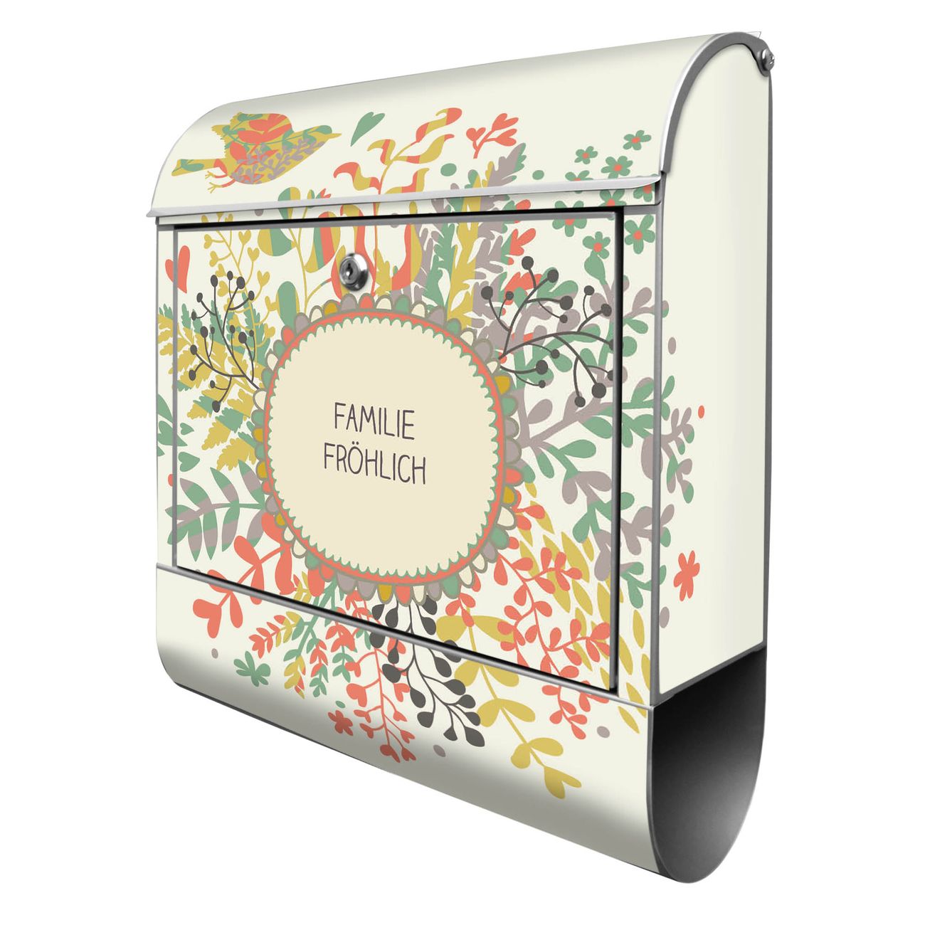 banjado Design Briefkasten silber mit Motiv WT Frühling 38x47x13cm, 2 Schlüssel - Briefkasten Stahl mit Zeitungsfach pulverbeschichtet A4 Einwurf