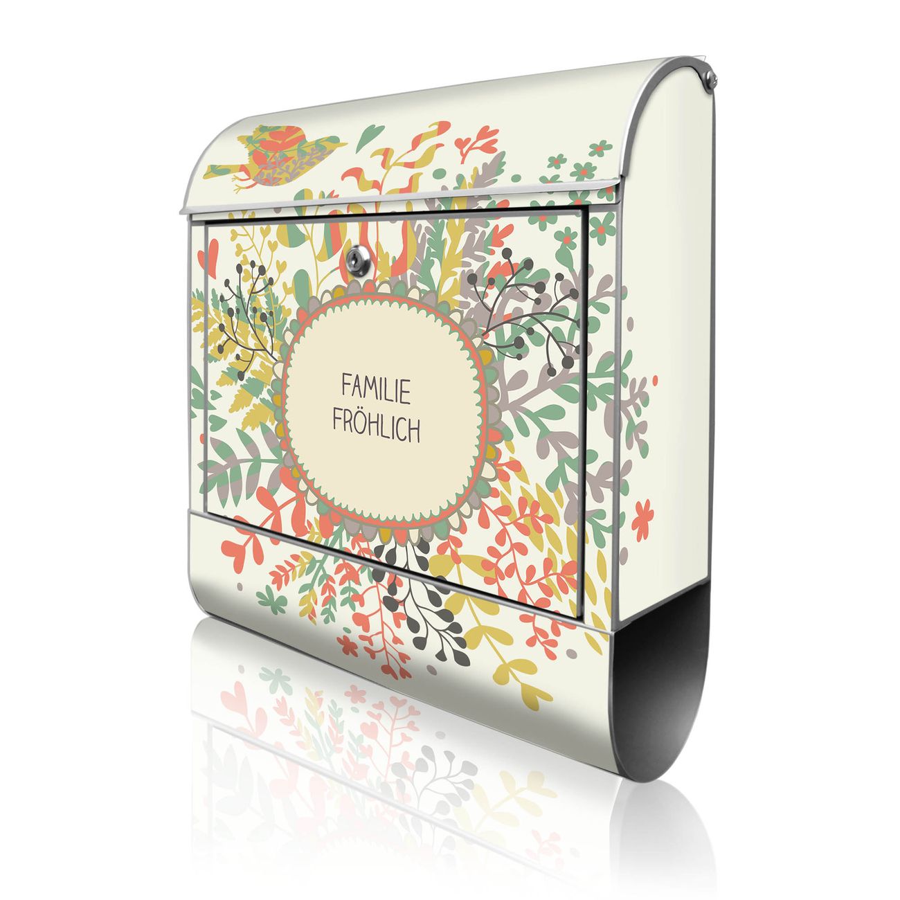 banjado Design Briefkasten silber mit Motiv WT Frühling 38x47x13cm, 2 Schlüssel - Briefkasten Stahl mit Zeitungsfach pulverbeschichtet A4 Einwurf