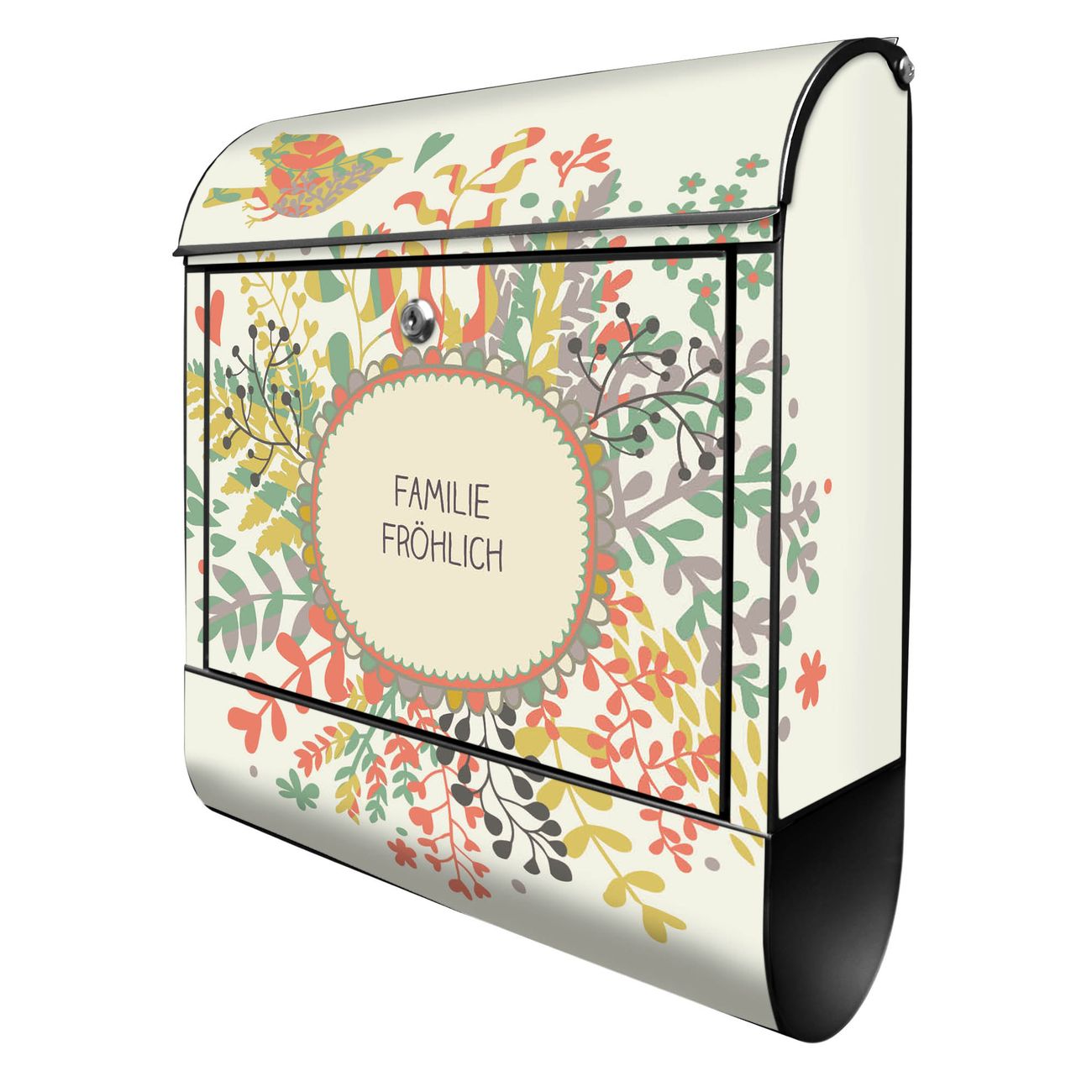 banjado Design Briefkasten schwarz mit Motiv WT Frühling 38x47x13cm, 2 Schlüssel - Briefkasten Stahl mit Zeitungsfach pulverbeschichtet A4 Einwurf