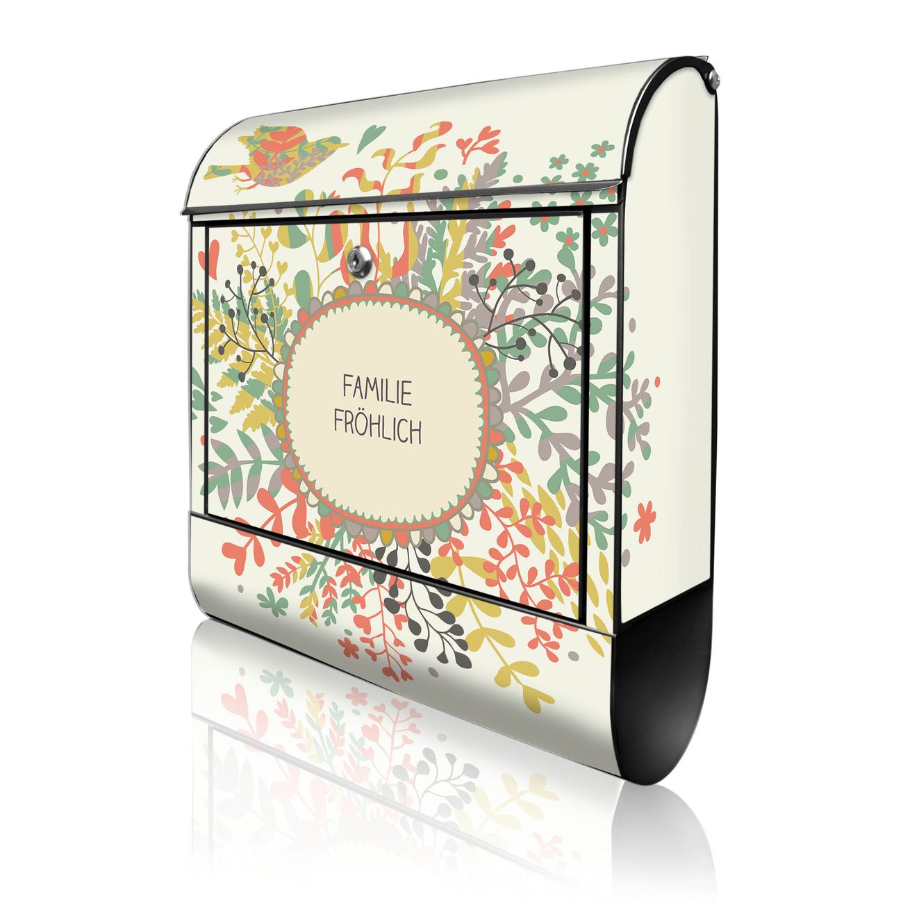 banjado Design Briefkasten schwarz mit Motiv WT Frühling 38x47x13cm, 2 Schlüssel - Briefkasten Stahl mit Zeitungsfach pulverbeschichtet A4 Einwurf