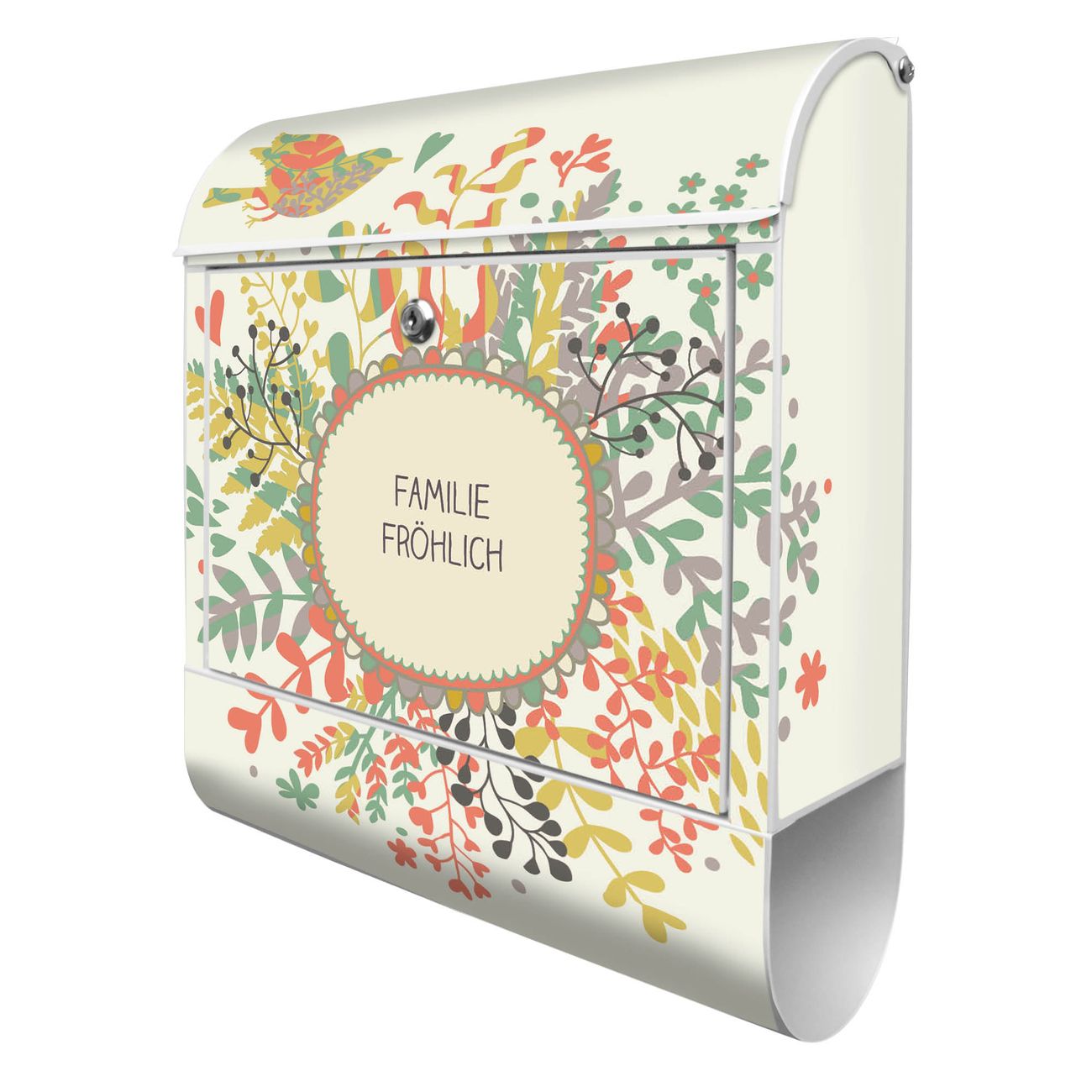 banjado Design Briefkasten weiß mit Motiv WT Frühling 38x47x13cm, 2 Schlüssel - Briefkasten Stahl mit Zeitungsfach pulverbeschichtet A4 Einwurf