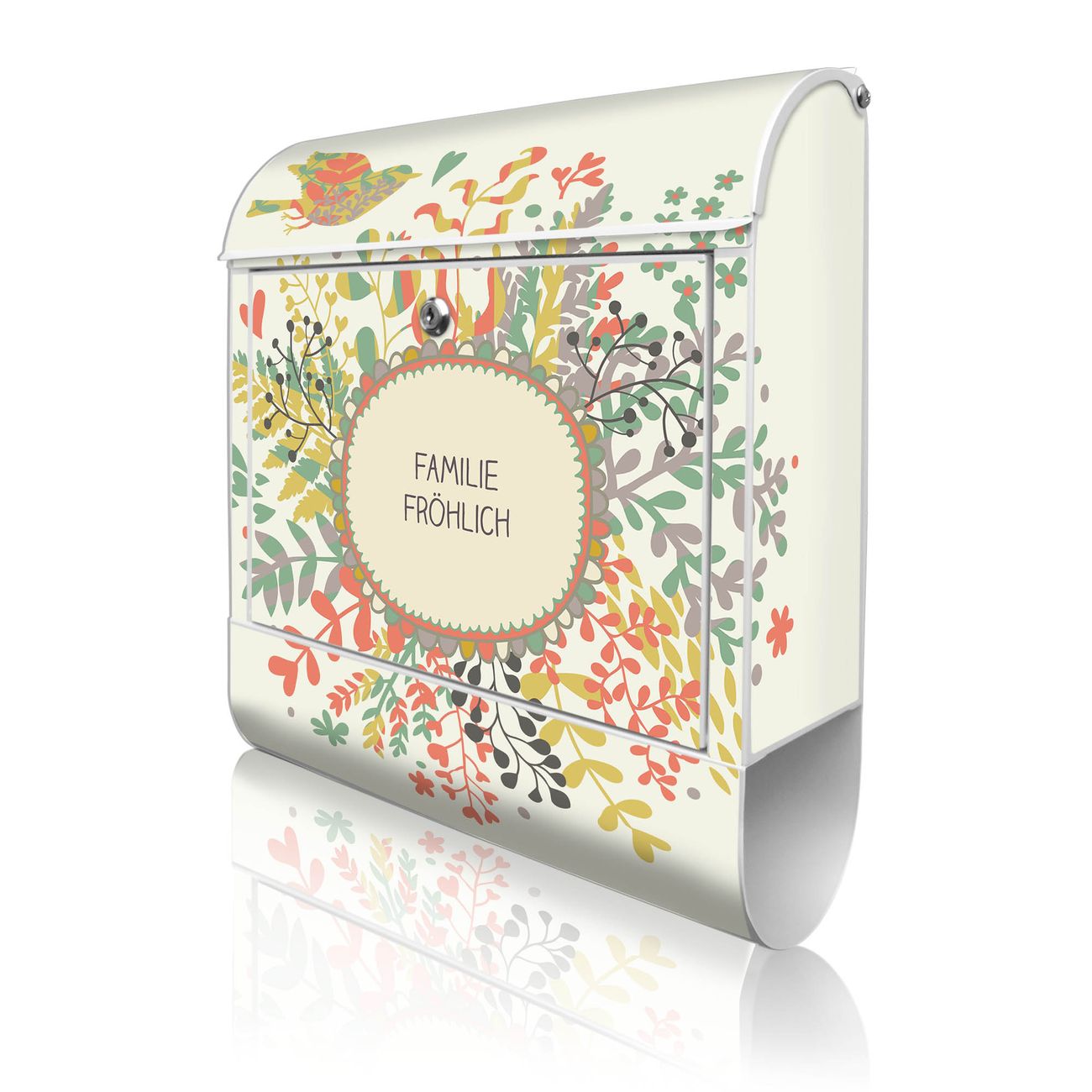 banjado Design Briefkasten weiß mit Motiv WT Frühling 38x47x13cm, 2 Schlüssel - Briefkasten Stahl mit Zeitungsfach pulverbeschichtet A4 Einwurf
