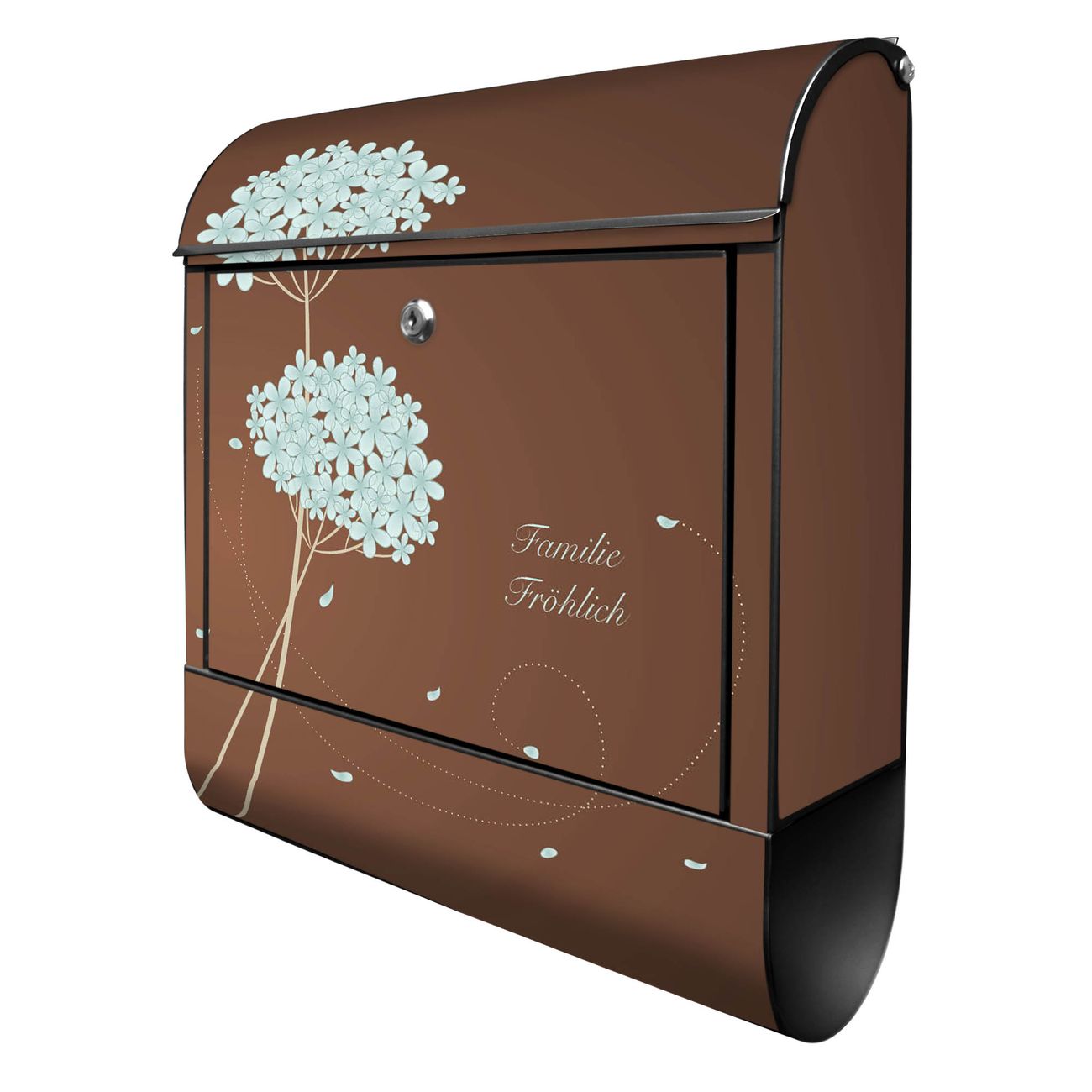 banjado Manufaktur Briefkasten schwarz bunt mit Motiv Hortensie 38x47x13cm - mit Zeitungsfach pulverbeschichtet, 2 Schlüssel, mit Montageanleitung