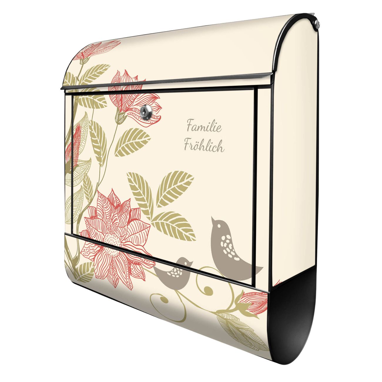 banjado Briefkasten groß schwarz kaufen mit Motiv Vogelhochzeit 38x47x13cm - mit Zeitungsfach pulverbeschichtet - 2 Schlüssel - mit Montageanleitung