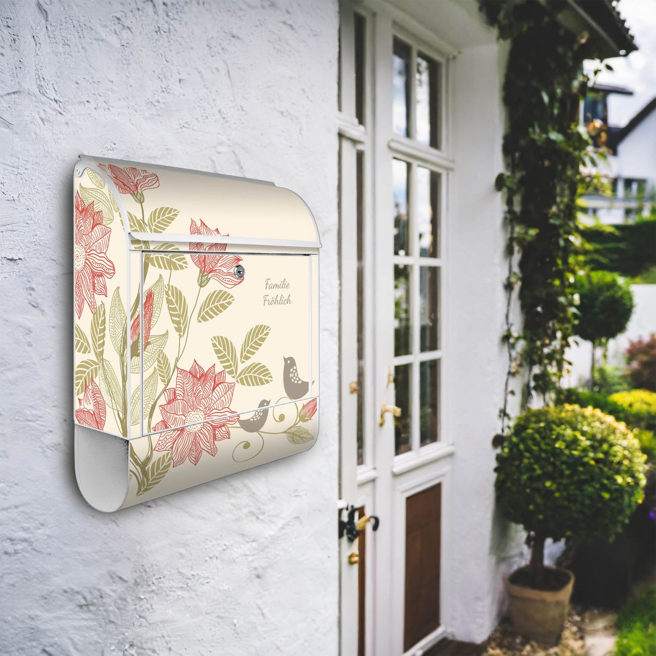 banjado Briefkasten groß weiß kaufen mit Motiv Vogelhochzeit 38x47x13cm - mit Zeitungsfach pulverbeschichtet - 2 Schlüssel - mit Montageanleitung