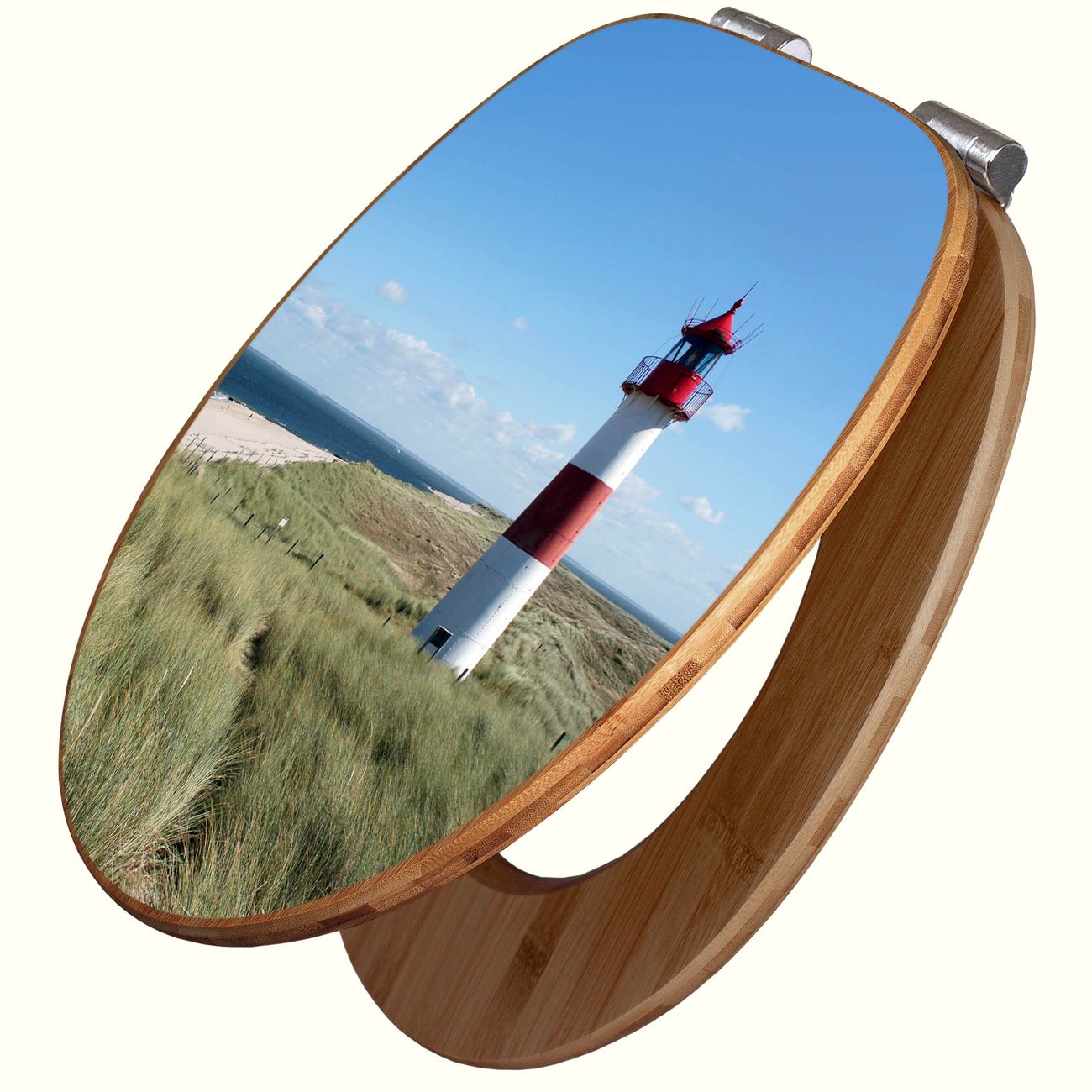 banjado Design WC-Sitz mit Absenkautomatik aus Bambus Holz Motiv Leuchtturm, angenehmer Sitzkomfort Toilettendeckel mit Edelstahl Scharnieren ovaler Klodeckel