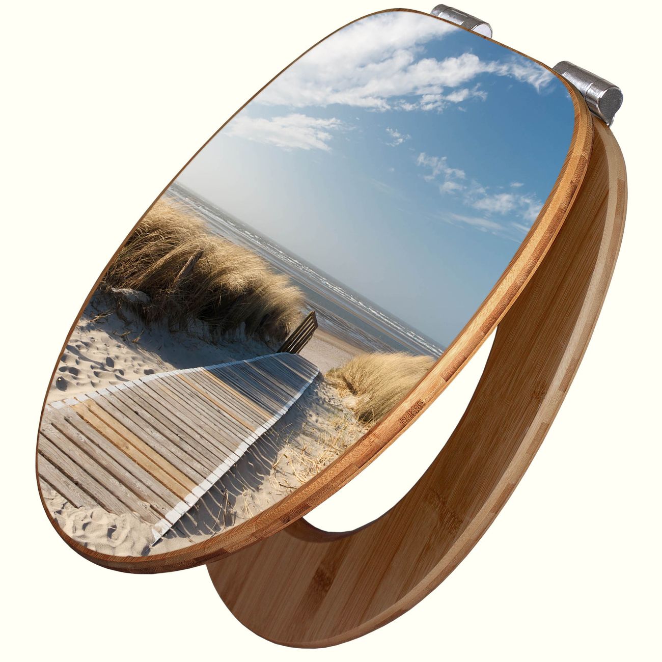 Bambus WC-Sitz mit Absenkautomatik und Motiv Dünen, Toilettensitz aus angenehmen Holz universell für fast alle Toiletten, Klodeckel mit Absenkautomatik