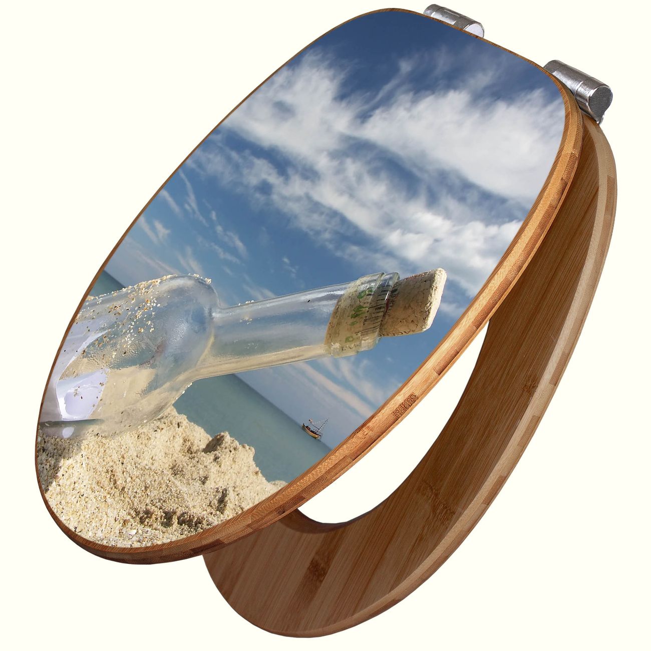 banjado Design WC-Sitz mit Absenkautomatik aus Bambus Holz Motiv Flaschenpost, angenehmer Sitzkomfort Toilettendeckel mit Edelstahl Scharnieren ovaler Klodeckel