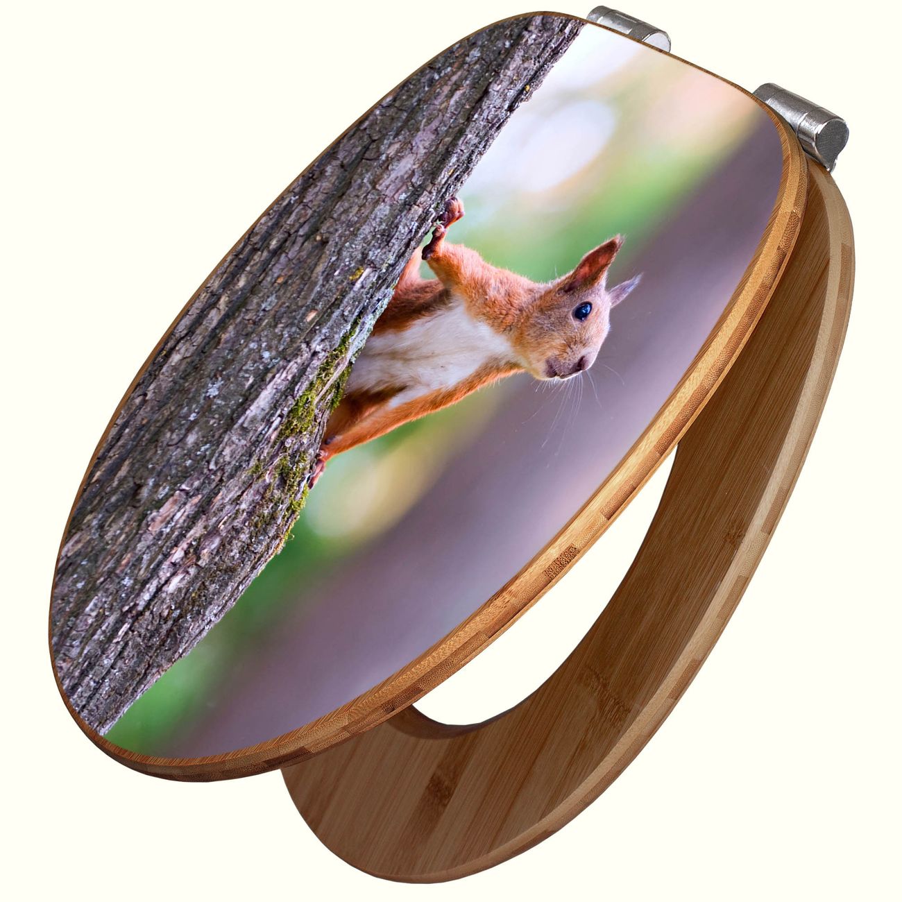 banjado Design WC-Sitz mit Absenkautomatik aus Bambus Holz Motiv Eichhörnchen, angenehmer Sitzkomfort Toilettendeckel mit Edelstahl Scharnieren ovaler Klodeckel