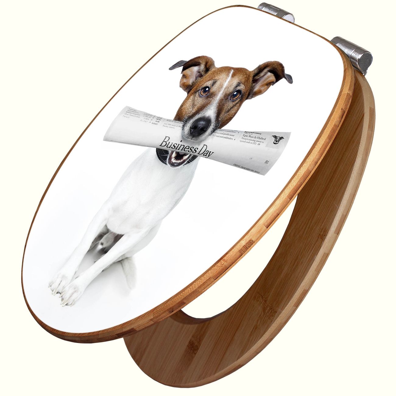 Bambus WC-Sitz mit Absenkautomatik und Motiv Business Day, Toilettensitz aus angenehmen Holz universell für fast alle Toiletten, Klodeckel mit Absenkautomatik