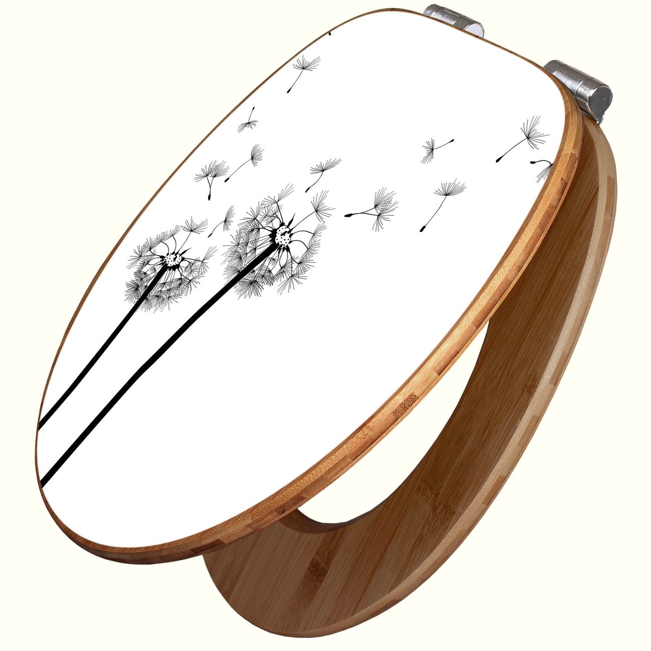 Bambus WC-Sitz mit Absenkautomatik und Motiv Pusteblume 2, Toilettensitz aus angenehmen Holz universell für fast alle Toiletten, Klodeckel mit Absenkautomatik