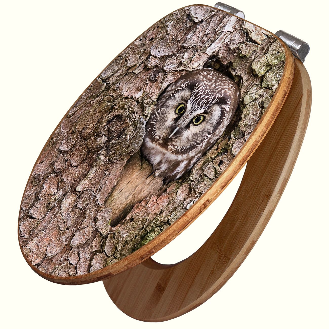 banjado Design WC-Sitz mit Absenkautomatik aus Bambus Holz Motiv Eule, angenehmer Sitzkomfort Toilettendeckel mit Edelstahl Scharnieren ovaler Klodeckel
