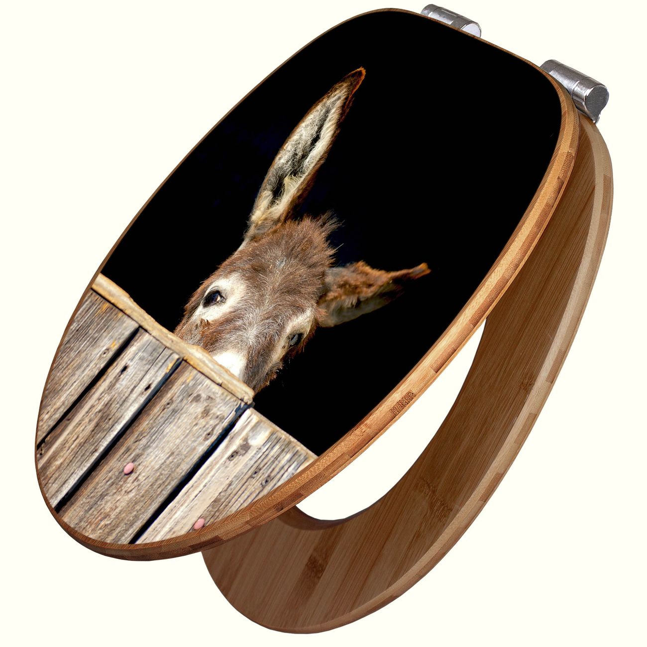 banjado Design WC-Sitz mit Absenkautomatik aus Bambus Holz Motiv Esel, angenehmer Sitzkomfort Toilettendeckel mit Edelstahl Scharnieren ovaler Klodeckel