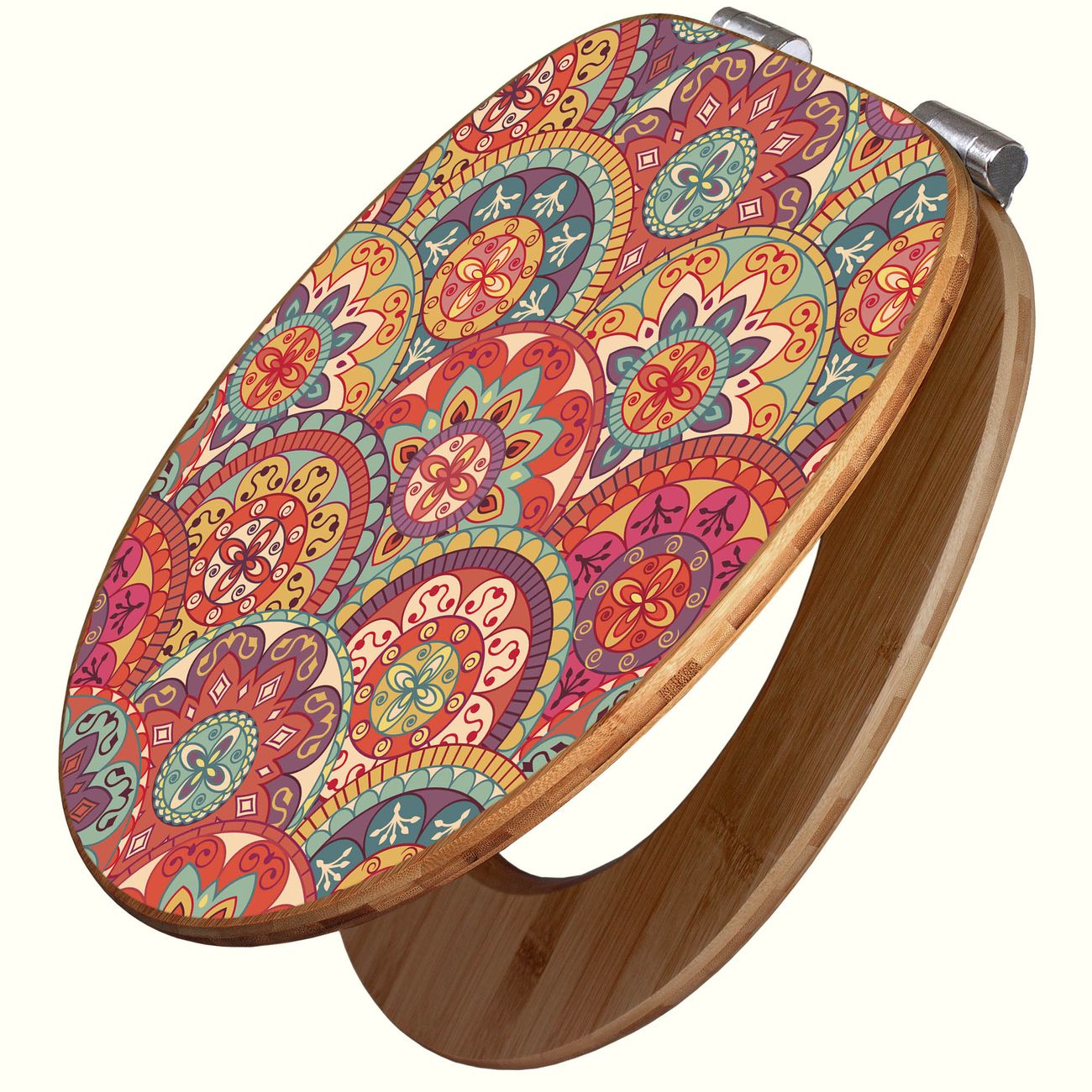 banjado Design WC-Sitz mit Absenkautomatik aus Bambus Holz Motiv Rosetten, angenehmer Sitzkomfort Toilettendeckel mit Edelstahl Scharnieren ovaler Klodeckel