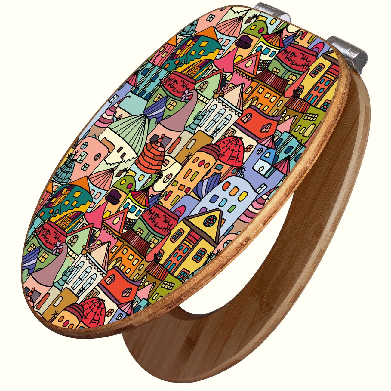 banjado Design WC-Sitz mit Absenkautomatik aus Bambus Holz Motiv Funky Town, angenehmer Sitzkomfort Toilettendeckel mit Edelstahl Scharnieren ovaler Klodeckel