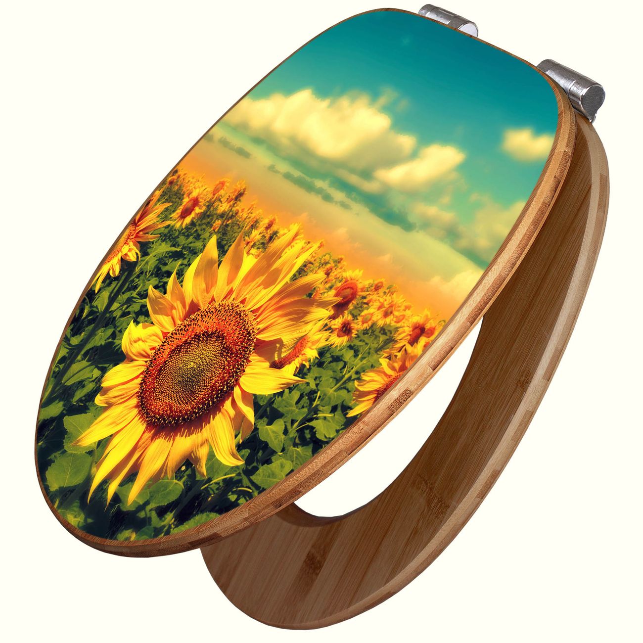 banjado Design WC-Sitz mit Absenkautomatik aus Bambus Holz Motiv Sonnenblumen, angenehmer Sitzkomfort Toilettendeckel mit Edelstahl Scharnieren ovaler Klodeckel
