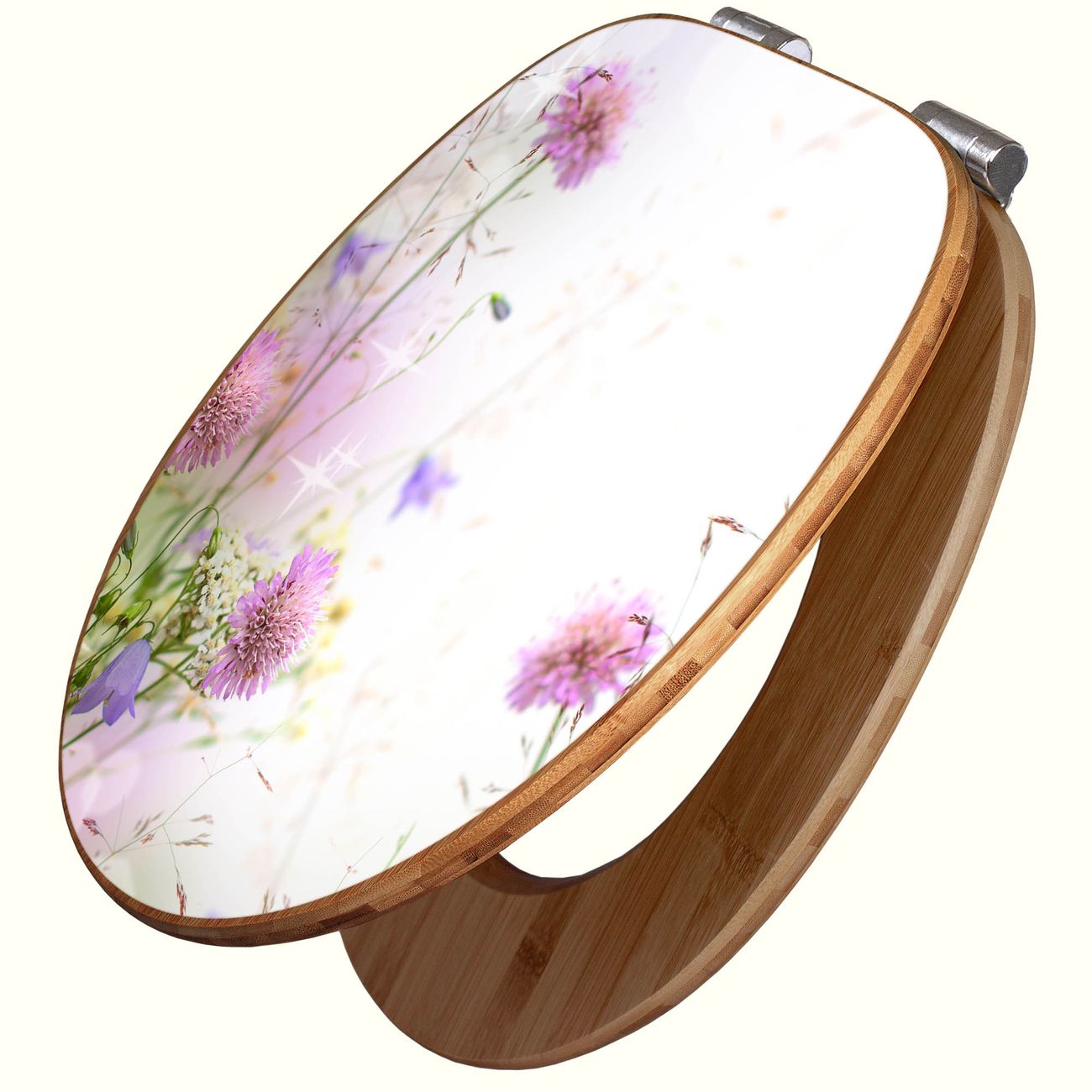 Bambus WC-Sitz mit Absenkautomatik und Motiv Wiese Blumen, Toilettensitz aus angenehmen Holz universell für fast alle Toiletten, Klodeckel mit Absenkautomatik