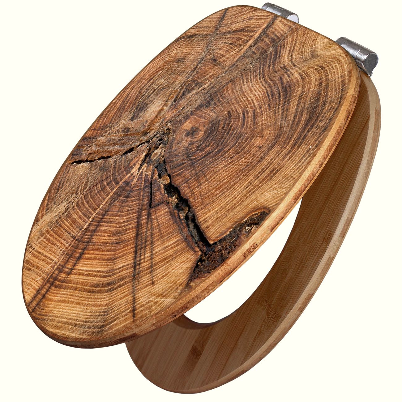 Bambus WC-Sitz mit Absenkautomatik und Motiv Jahresringe, Toilettensitz aus angenehmen Holz universell für fast alle Toiletten, Klodeckel mit Absenkautomatik
