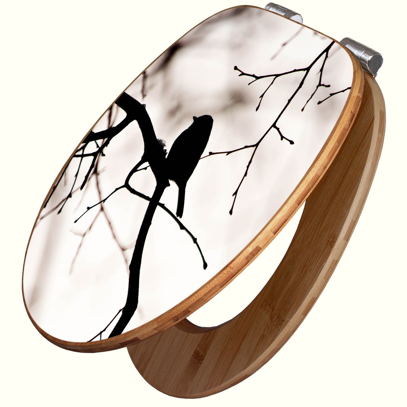 Bambus WC-Sitz mit Absenkautomatik und Motiv Früher Vogel, Toilettensitz aus angenehmen Holz universell für fast alle Toiletten, Klodeckel mit Absenkautomatik