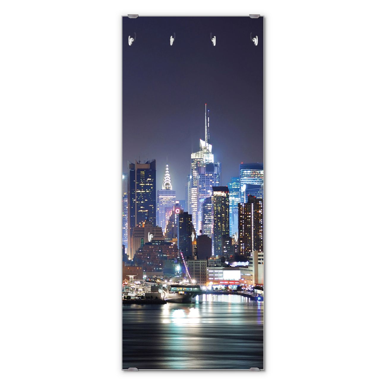banjado Wandgarderobe aus Echtglas, 50x125cm groß, Paneel mit 7 Haken und Motiv New York, Garderobenleiste mit Montagematerial, Design Flurgarderobe