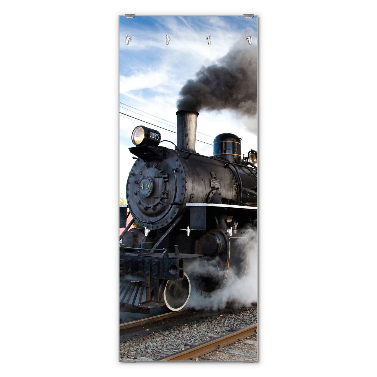 banjado Wandgarderobe aus Echtglas, 50x125cm groß, Paneel mit 7 Haken und Motiv Dampflok, Garderobenleiste mit Montagematerial, Design Flurgarderobe