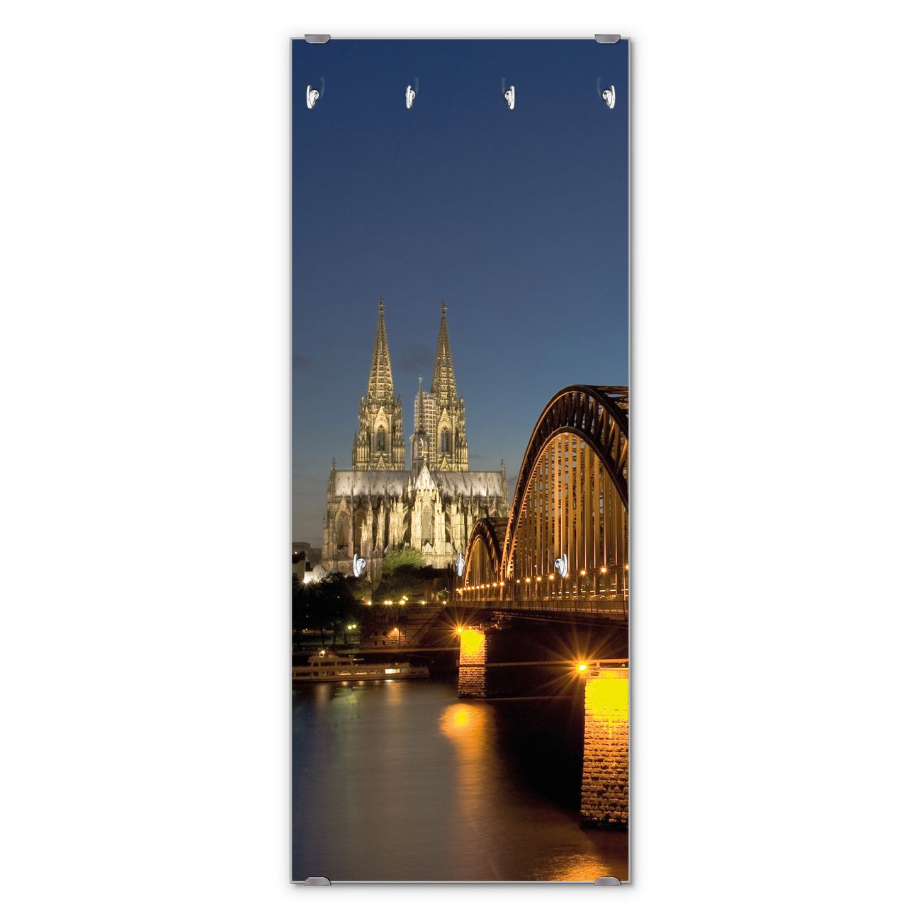 banjado Wandgarderobe aus Echtglas, 50x125cm groß, Paneel mit 7 Haken und Motiv Köln, Garderobenleiste mit Montagematerial, Design Flurgarderobe