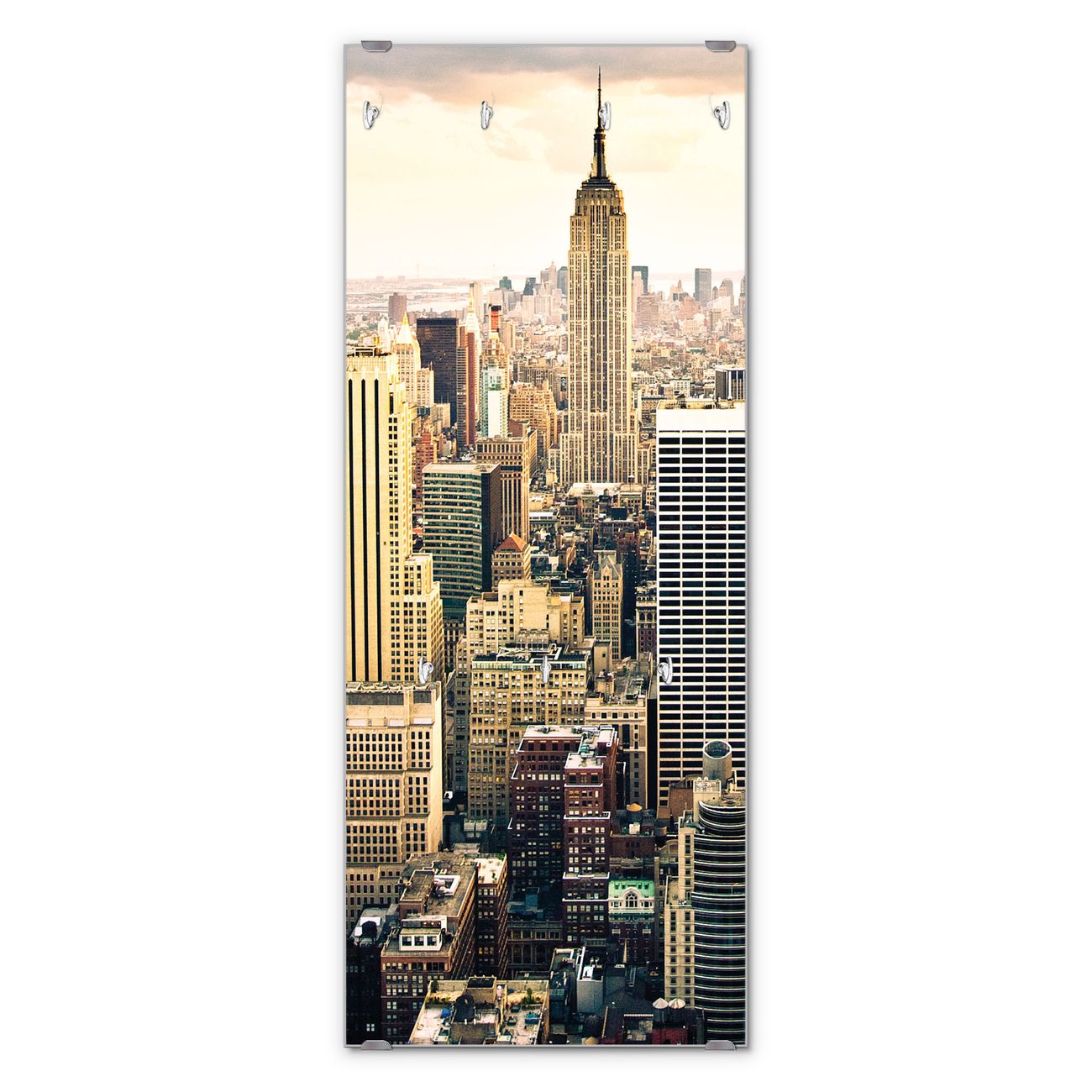 banjado Wandgarderobe aus Echtglas, 50x125cm groß, Paneel mit 7 Haken und Motiv New York City, Garderobenleiste mit Montagematerial, Design Flurgarderobe