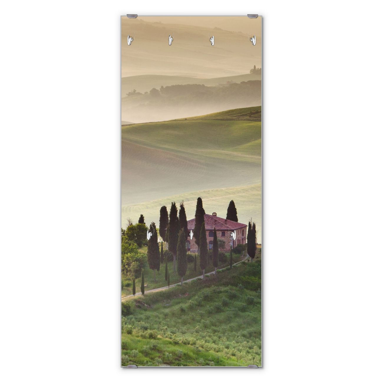 banjado Wandgarderobe aus Echtglas, 50x125cm groß, Paneel mit 7 Haken und Motiv Toscana, Garderobenleiste mit Montagematerial, Design Flurgarderobe