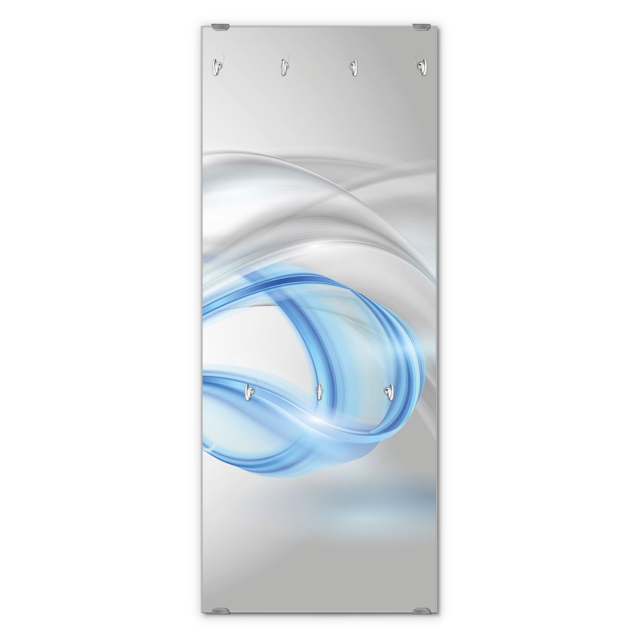 banjado Wandgarderobe aus Echtglas, 50x125cm groß, Paneel mit 7 Haken und Motiv Blaue Welle, Garderobenleiste mit Montagematerial, Design Flurgarderobe