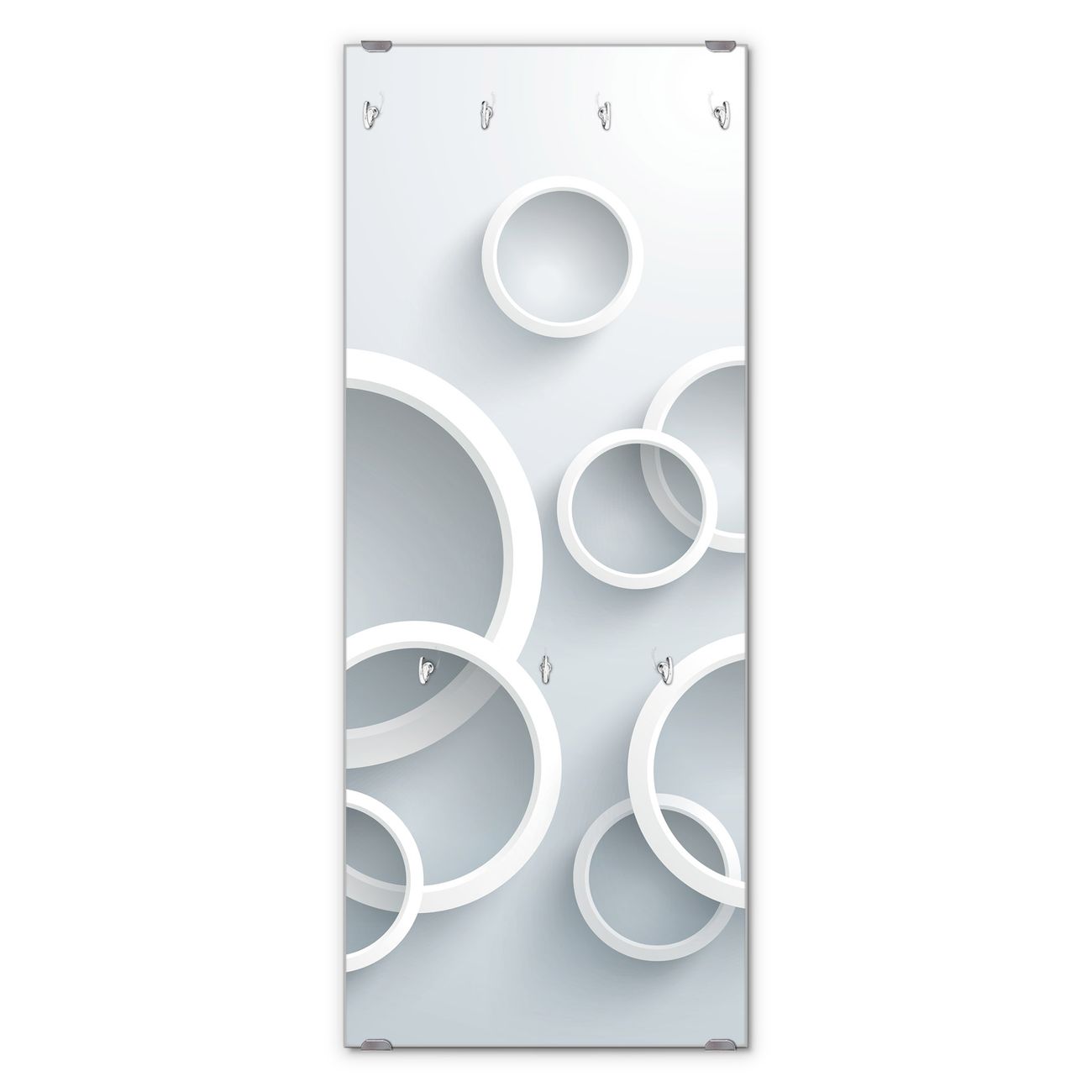 banjado Wandgarderobe aus Echtglas, 50x125cm groß, Paneel mit 7 Haken und Motiv Weiße Ringe, Garderobenleiste mit Montagematerial, Design Flurgarderobe