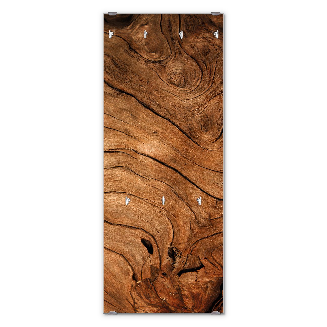 banjado Wandgarderobe aus Echtglas, 50x125cm groß, Paneel mit 7 Haken und Motiv Holzmaserung, Garderobenleiste mit Montagematerial, Design Flurgarderobe