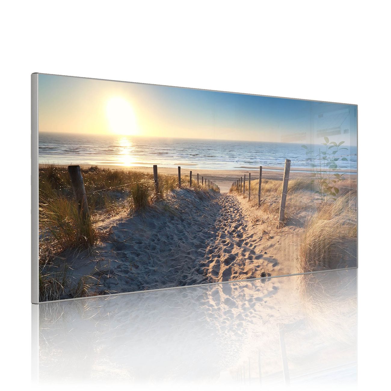 banjado Metall Magnettafel 37x78cm Silber Querformat mit Motiv Nordseestrand, Magnetwand inklusive Montagematerial und 4 Magneten, Pinnwand