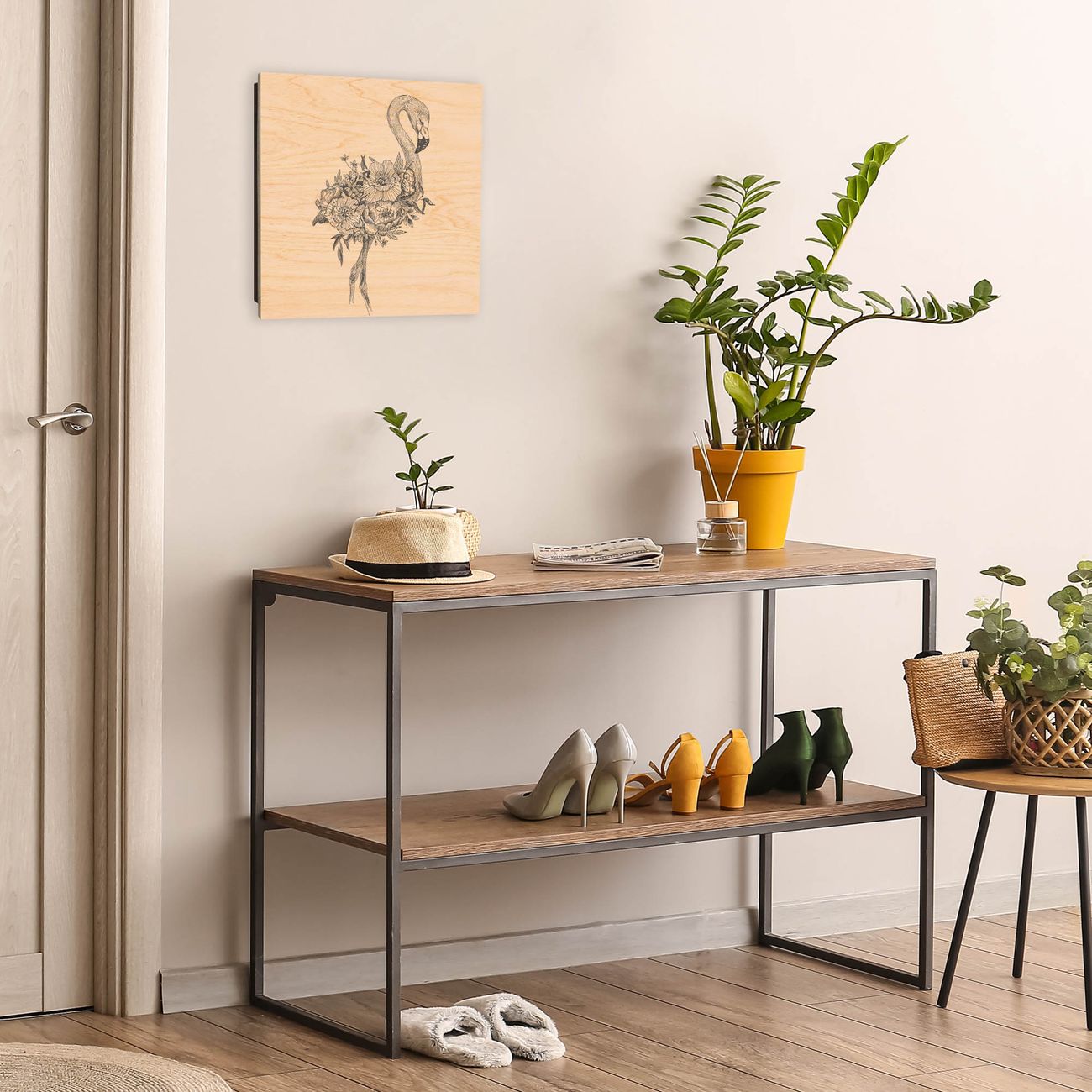 Moderner Schlüsselkasten aus Holz - Schlüsselbox 30x30cm mit 50 Haken Motiv Flamingo Blumen 2, banjado