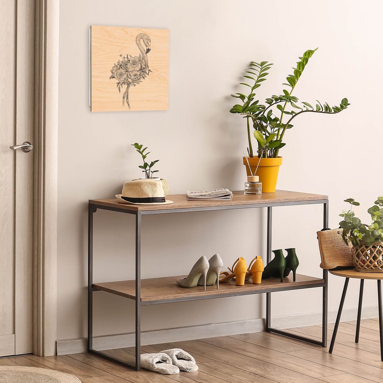 Moderner Schlüsselkasten aus Holz - Schlüsselbox 30x30cm mit 50 Haken Motiv Flamingo Blumen 2, banjado