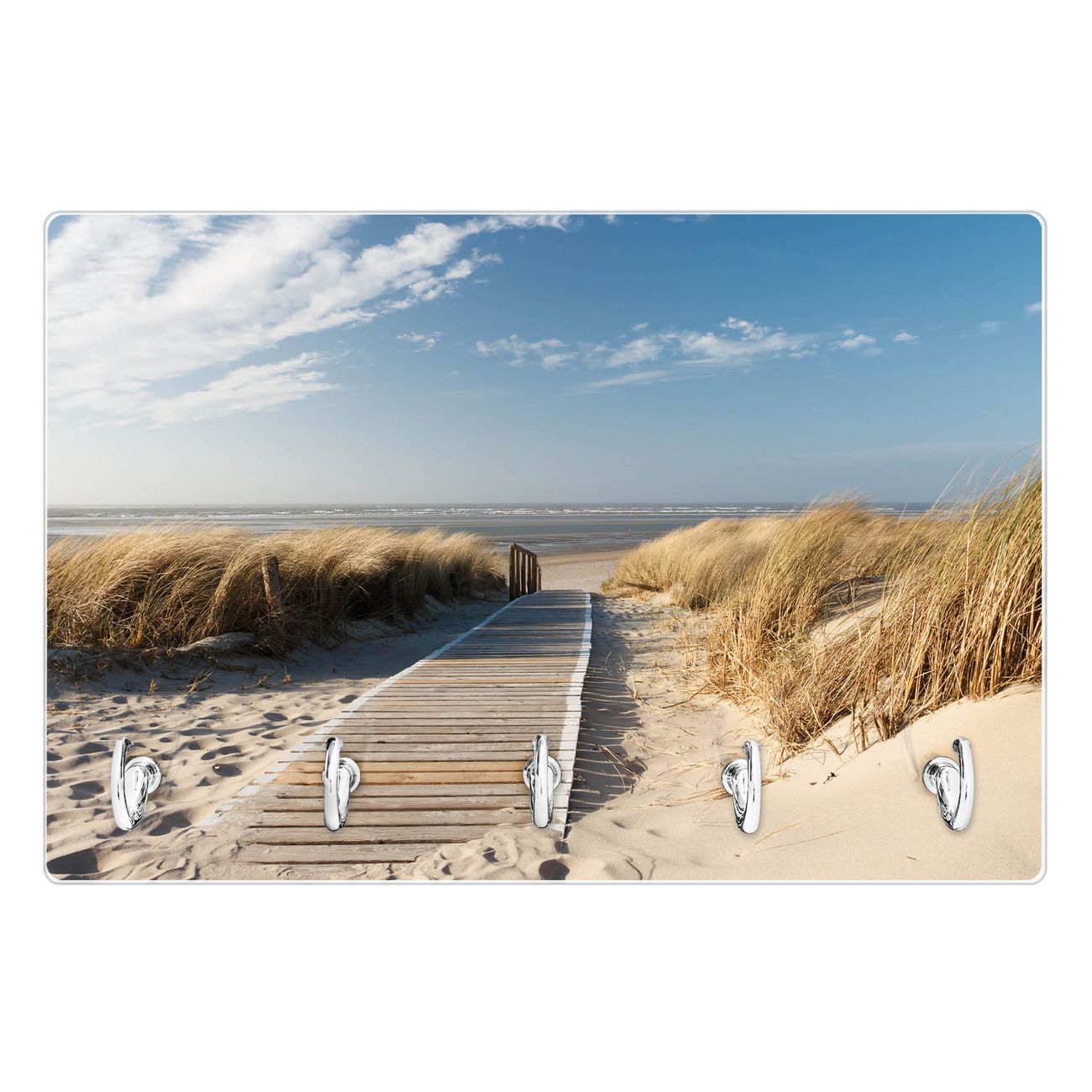 Modernes Schlüsselbrett aus Glas von banjado, Schlüsselboard 30cm x 20cm mit 5 Haken, Schlüsselleiste beschreibbar und magnetisch mit Motiv Dünen