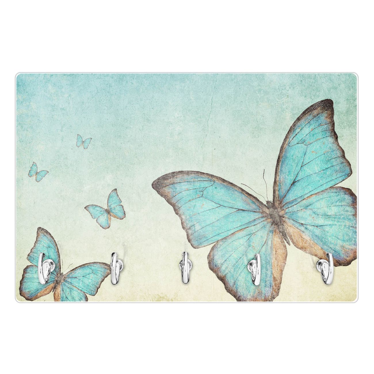 Modernes Schlüsselbrett aus Glas von banjado, Schlüsselboard 30cm x 20cm mit 5 Haken, Schlüsselleiste beschreibbar und magnetisch mit Motiv Schmetterling