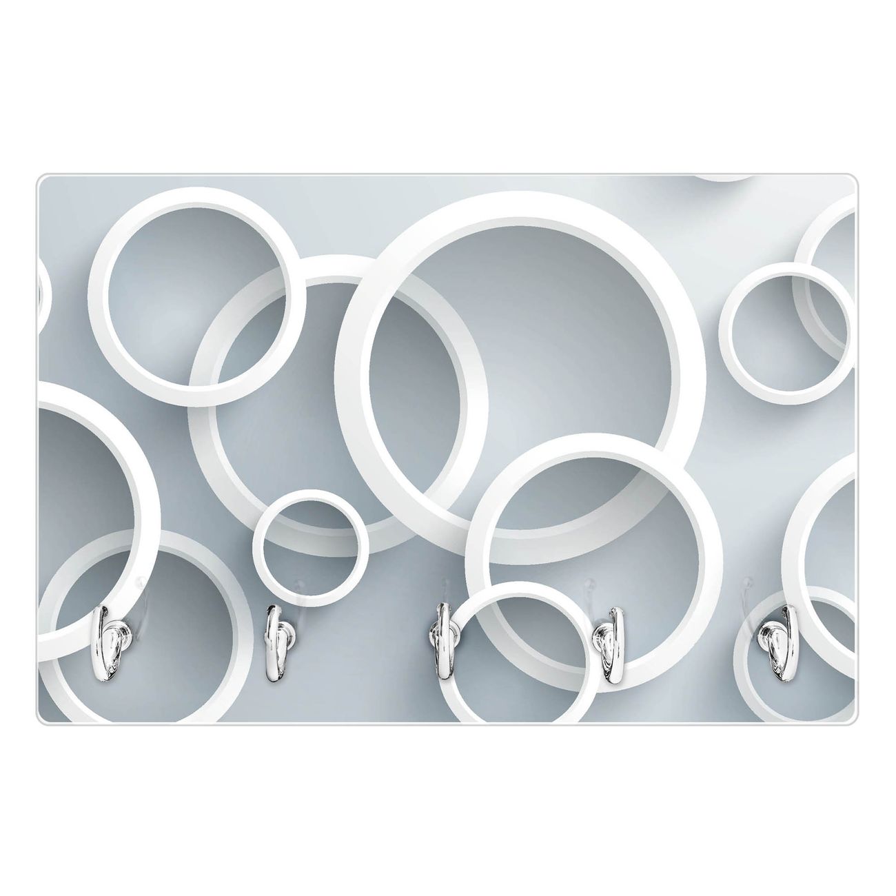 Modernes Schlüsselbrett aus Glas von banjado, Schlüsselboard 30cm x 20cm mit 5 Haken, Schlüsselleiste beschreibbar und magnetisch mit Motiv Weiße Ringe