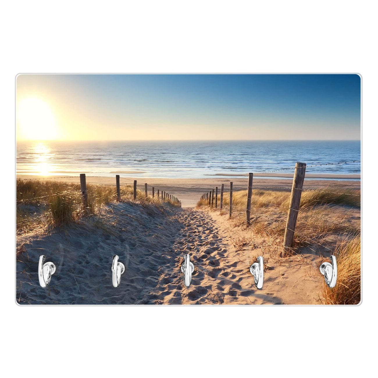 Modernes Schlüsselbrett aus Glas von banjado, Schlüsselboard 30cm x 20cm mit 5 Haken, Schlüsselleiste beschreibbar und magnetisch mit Motiv Nordseestrand