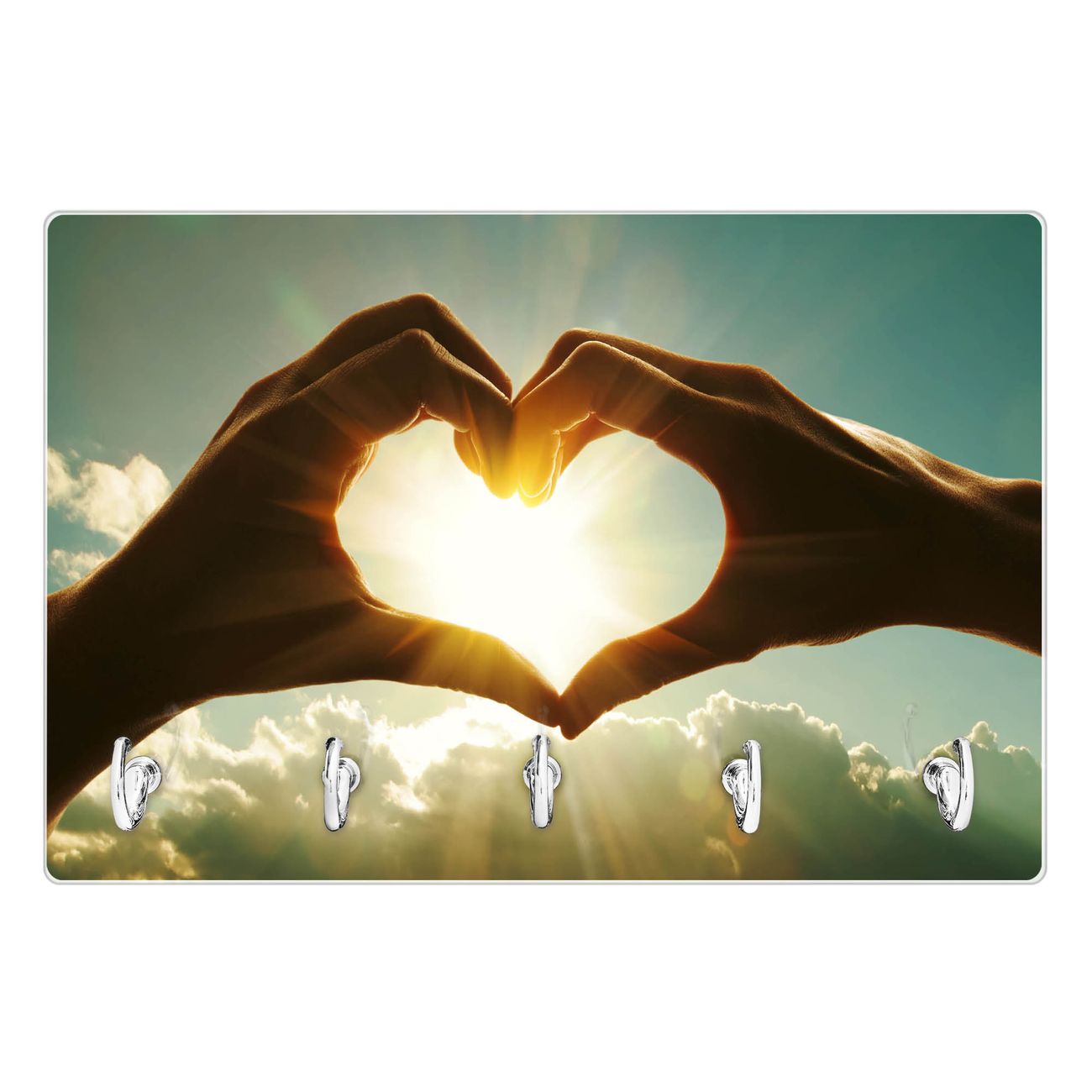 Modernes Schlüsselbrett aus Glas von banjado, Schlüsselboard 30cm x 20cm mit 5 Haken, Schlüsselleiste beschreibbar und magnetisch mit Motiv Sonne im Herzen