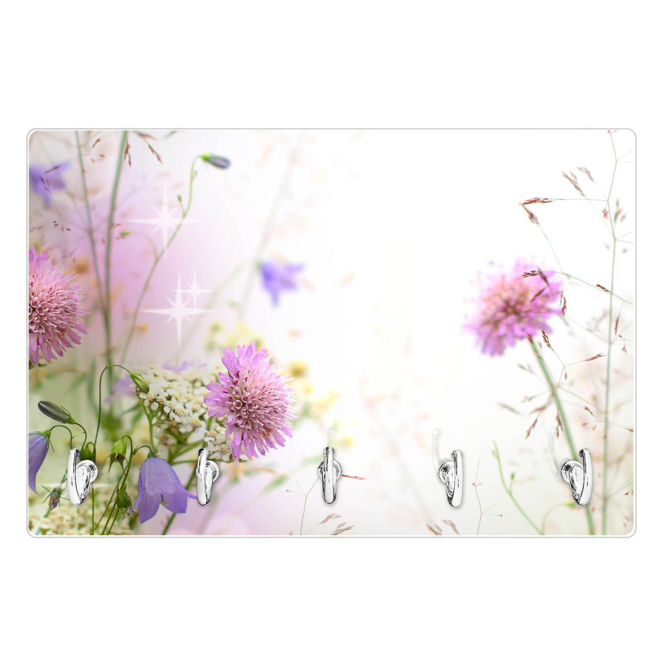 Modernes Schlüsselbrett aus Glas von banjado, Schlüsselboard 30cm x 20cm mit 5 Haken, Schlüsselleiste beschreibbar und magnetisch mit Motiv Wiese Blumen