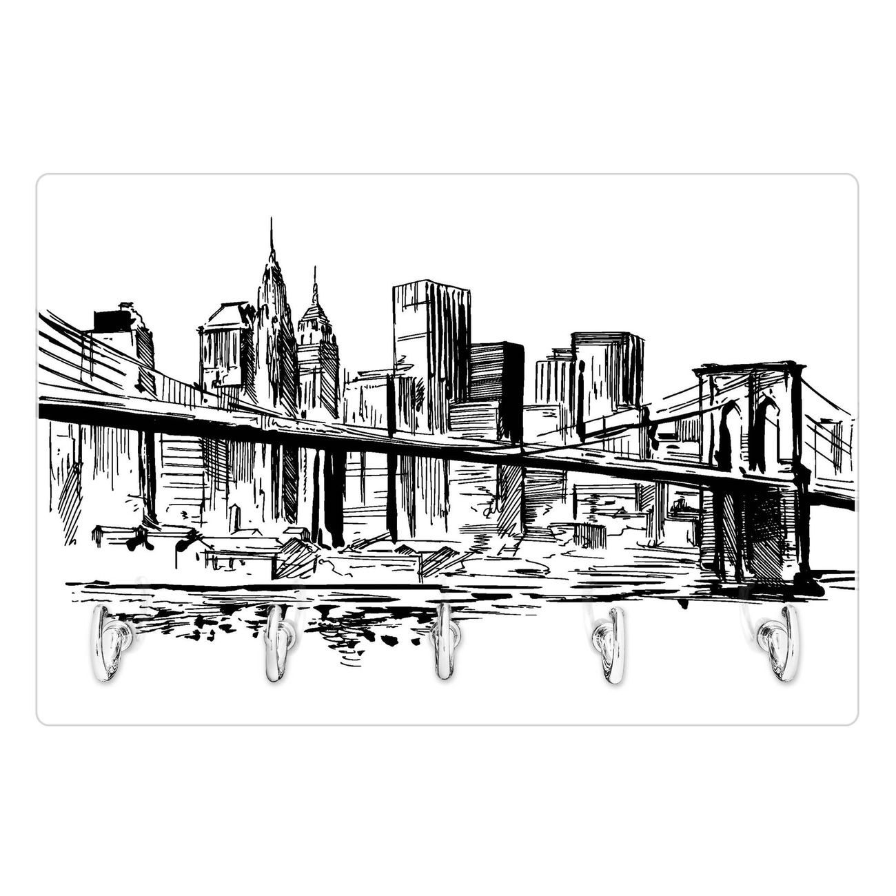 Modernes Schlüsselbrett aus Glas von banjado, Schlüsselboard 30cm x 20cm mit 5 Haken, Schlüsselleiste beschreibbar und magnetisch mit Motiv New York Skizze