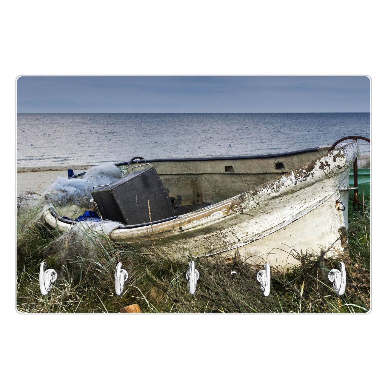 Modernes Schlüsselbrett aus Glas von banjado, Schlüsselboard 30cm x 20cm mit 5 Haken, Schlüsselleiste beschreibbar und magnetisch mit Motiv Fischerboot