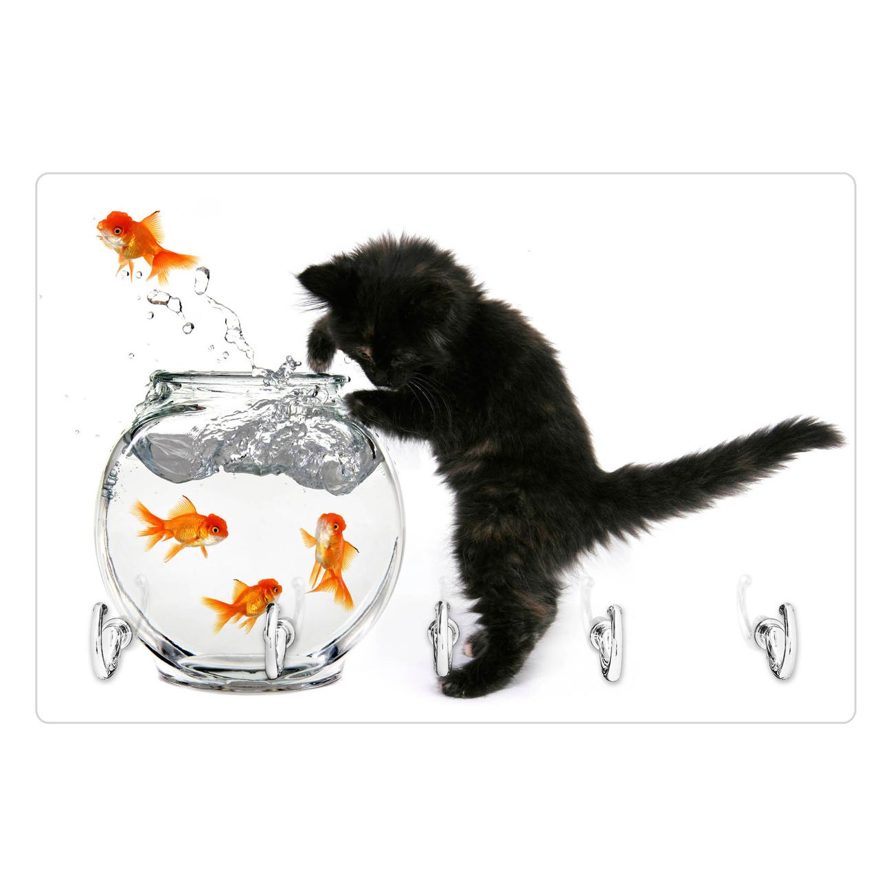 Modernes Schlüsselbrett aus Glas von banjado, Schlüsselboard 30cm x 20cm mit 5 Haken, Schlüsselleiste beschreibbar und magnetisch mit Motiv Katze Und Fisch