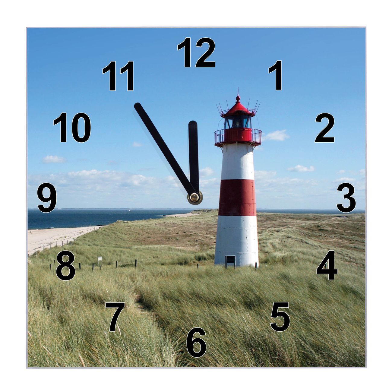 banjado Wanduhr aus echtem Glas mit Motiv Leuchtturm, geräuscharme Wanduhr modern, 30x30cm quadratisch als Wanduhr Küche, Wohnzimmer Uhr, Uhr Flur