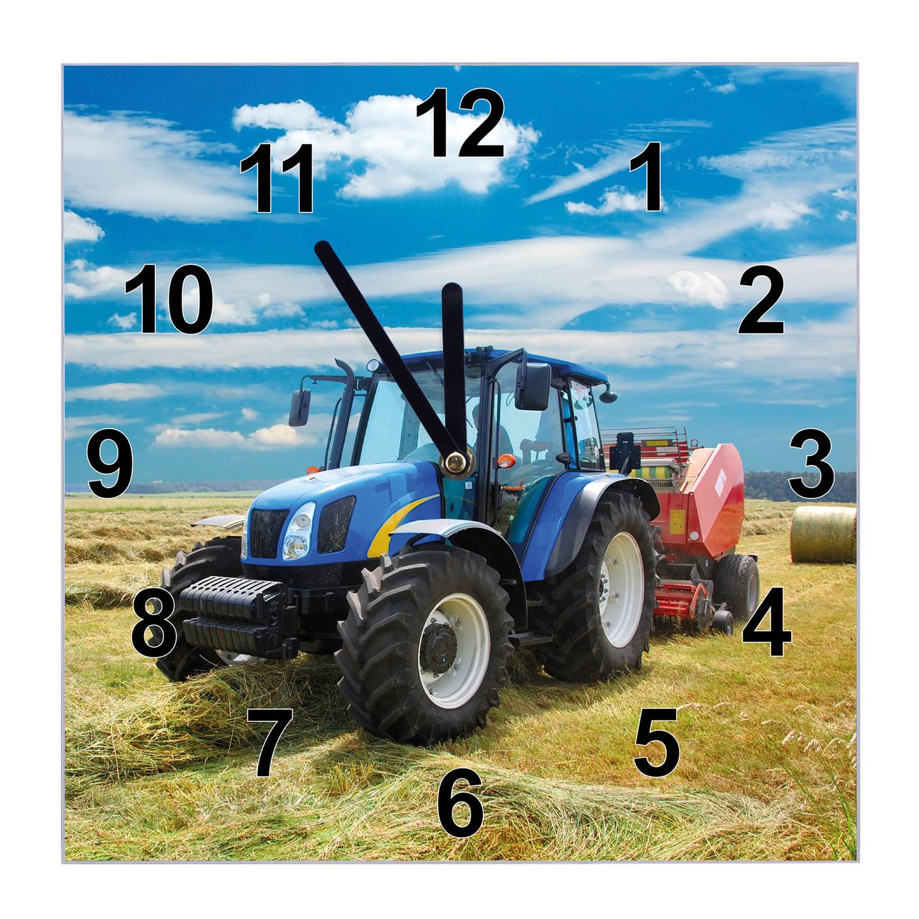 banjado Wanduhr aus echtem Glas mit Motiv Traktor, geräuscharme Wanduhr modern, 30x30cm quadratisch als Wanduhr Küche, Wohnzimmer Uhr, Uhr Flur