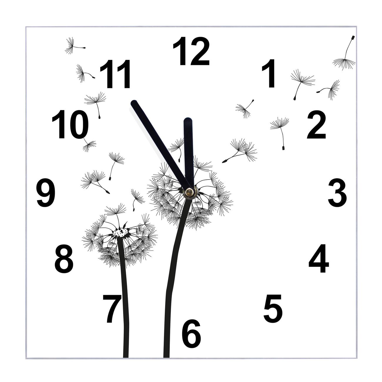banjado Wanduhr aus echtem Glas mit Motiv Pusteblume 2, geräuscharme Wanduhr modern, 30x30cm quadratisch als Wanduhr Küche, Wohnzimmer Uhr, Uhr Flur