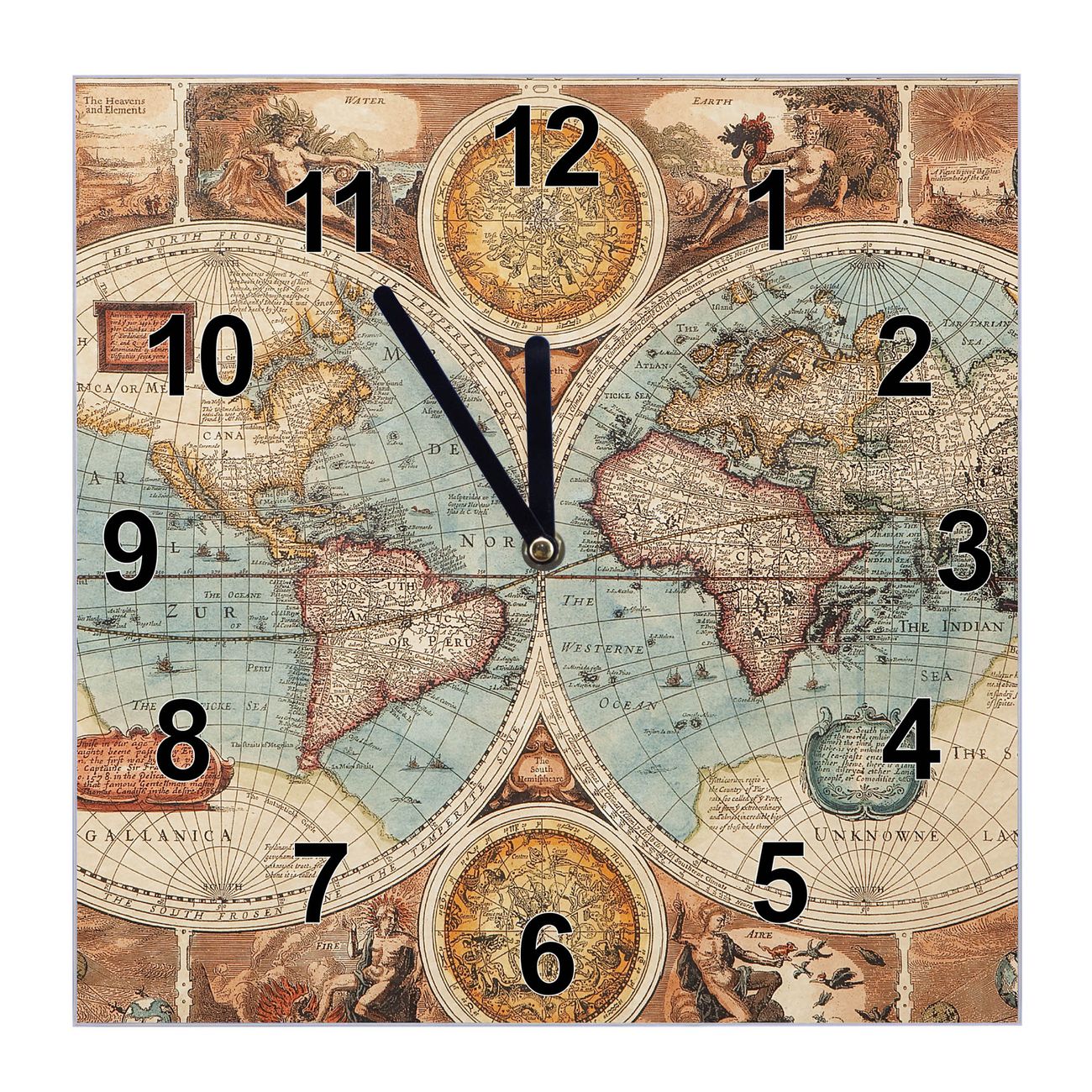 banjado Wanduhr aus echtem Glas mit Motiv Weltkarte, geräuscharme Wanduhr modern, 30x30cm quadratisch als Wanduhr Küche, Wohnzimmer Uhr, Uhr Flur