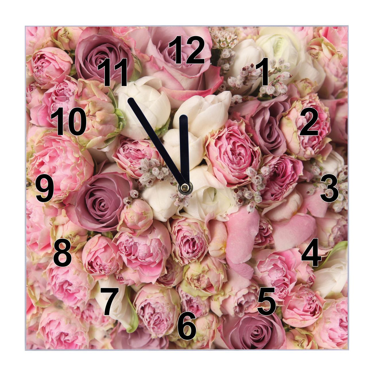 banjado Wanduhr aus echtem Glas mit Motiv Strauss Rosen, geräuscharme Wanduhr modern, 30x30cm quadratisch als Wanduhr Küche, Wohnzimmer Uhr, Uhr Flur